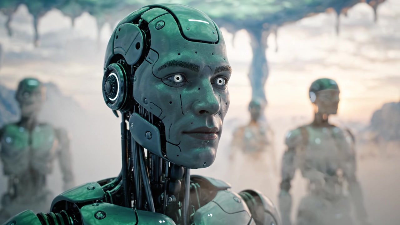 Androidi Futuristici: Primo Piano Dettagliato di un Volto Robotico in un Paesaggio Nebbioso con Diverse Figure, Esplorando il Concetto di AI e Robotica in un Contesto Sci-Fi
