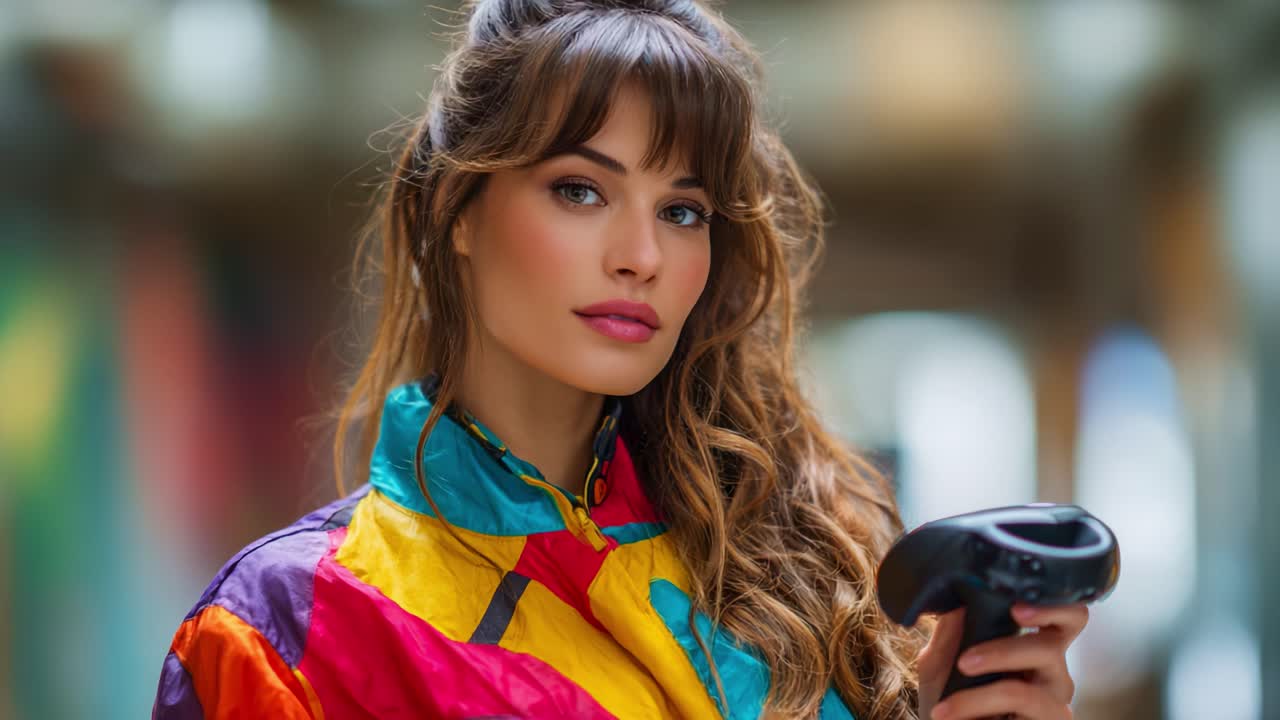 Una giovane donna alla moda con una giacca colorata che tiene in mano un controller di gioco, in posa sicura di sé su uno sfondo vivace, catturando l'essenza della moderna cultura del gaming