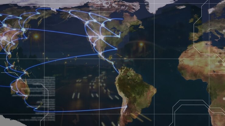 Animation of data processing and world map over cityscape