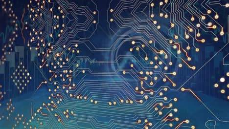 animación de un circuito integrado sobre datos en fondo azul