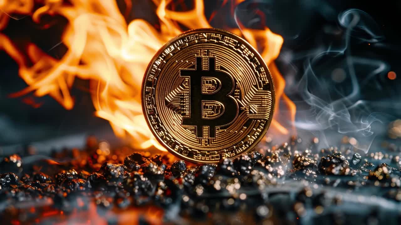 Golden Bitcoin Coin Surrounded by Fire and Smoke
