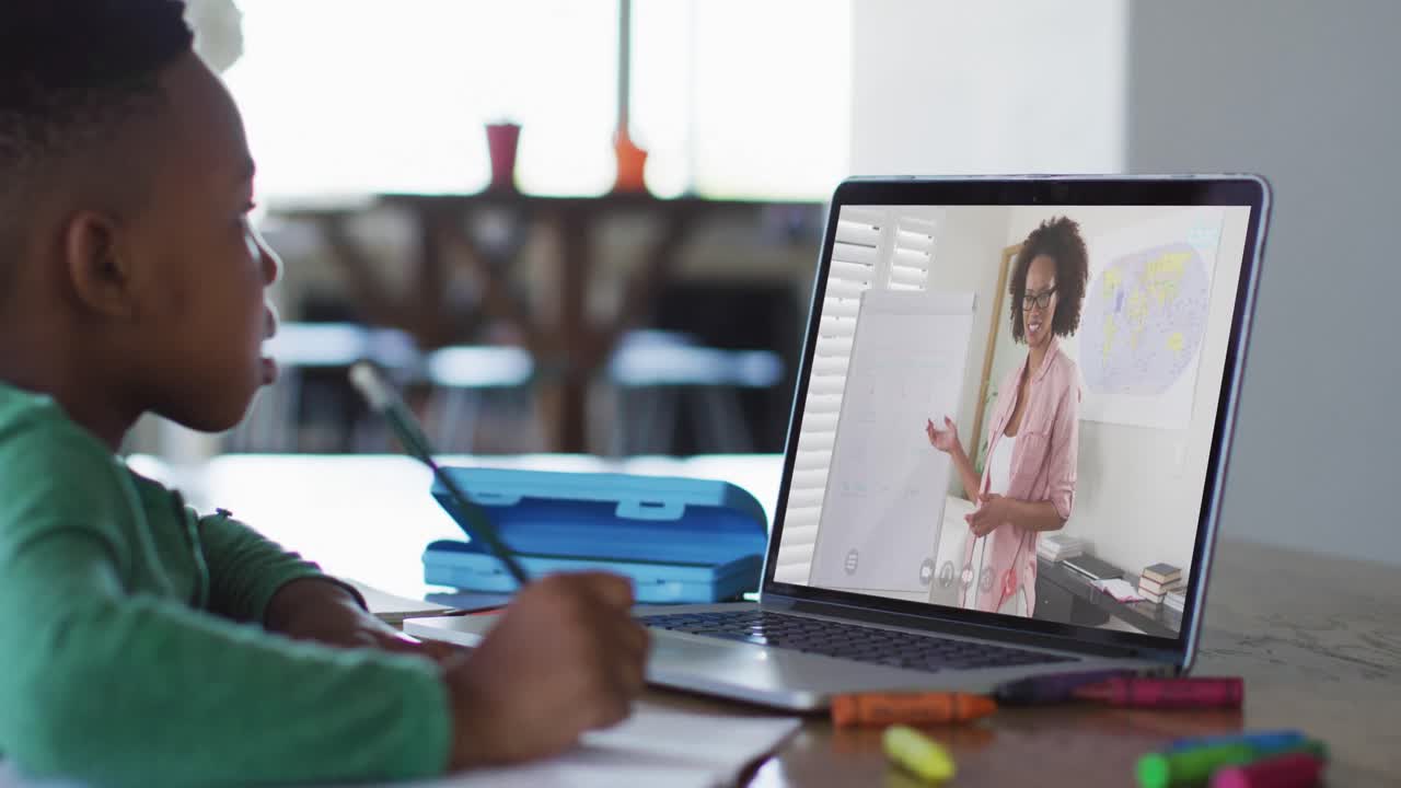 niño afroamericano haciendo la tarea mientras tiene una videollamada con una maestra en una computadora portátil en casa