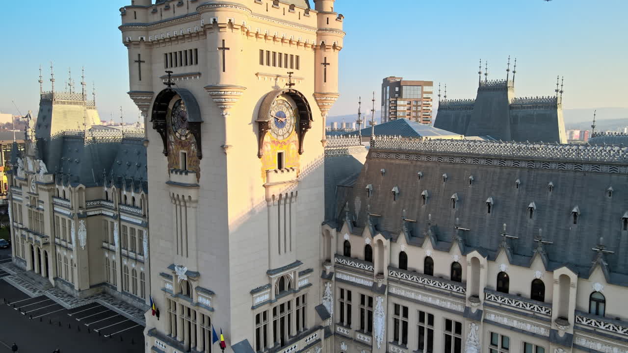 Aerial drone view of the Palace of Culture in Iasi downtown, Romania. Square in front of it, cityscape