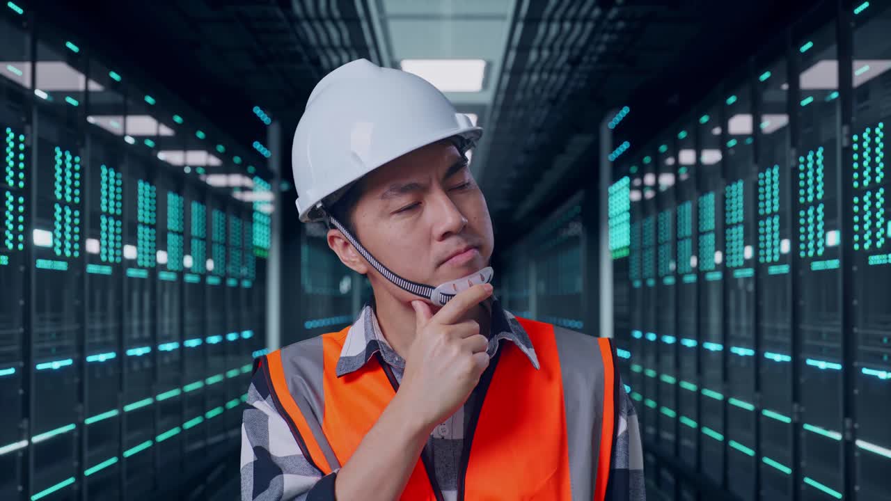 Close Up Of Asian Male Engineer With Safety Helmet Thinking About Something And Looking Around While Standing in Server Room Data Center