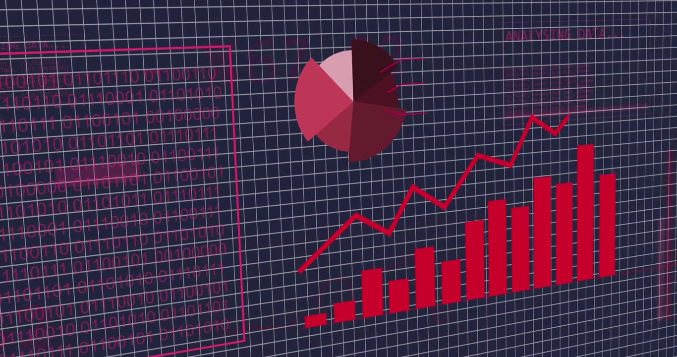 Animation of spinning globe and statistical data processing over grid network on blue background