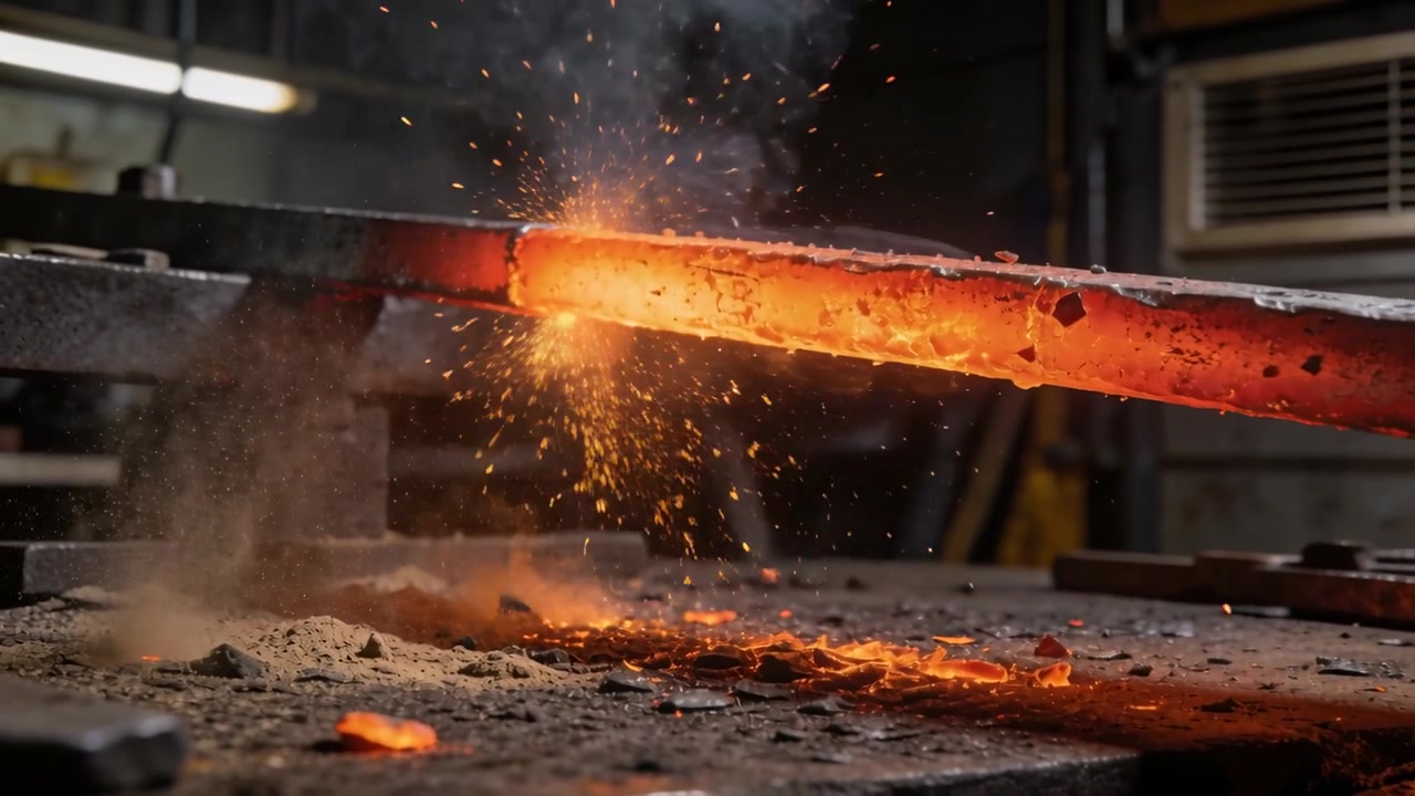 Cilindro d'acciaio incandescente che perde scaglie, si raffredda su un supporto metallico sulla sabbia del banco da lavoro, emettendo scintille.
