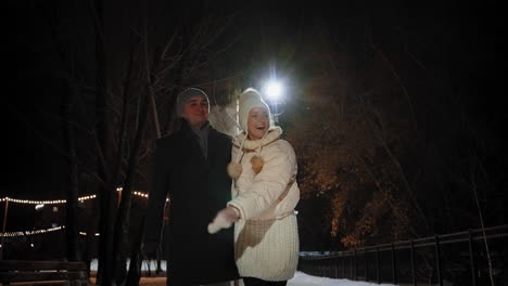 couple walking in a snowy park at night
