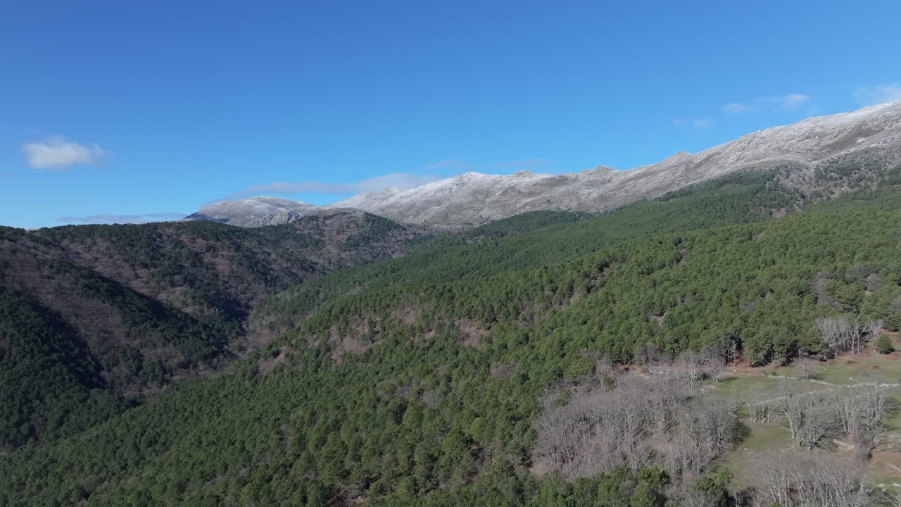 vuelo ascendente en una montaña con picos cubiertos de nieve con laderas con bosques de pinos y prados verdes con árboles sin hojas con un cielo azul con algunas nubes en una mañana de invierno en ávila, españa
