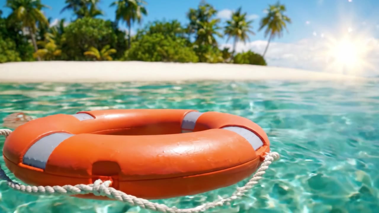 Bright Orange Lifebuoy Floating in Clear Tropical Water Near Idyllic Island with Palm Trees and Sandy Beach, Perfect for Summer Safety Imagery