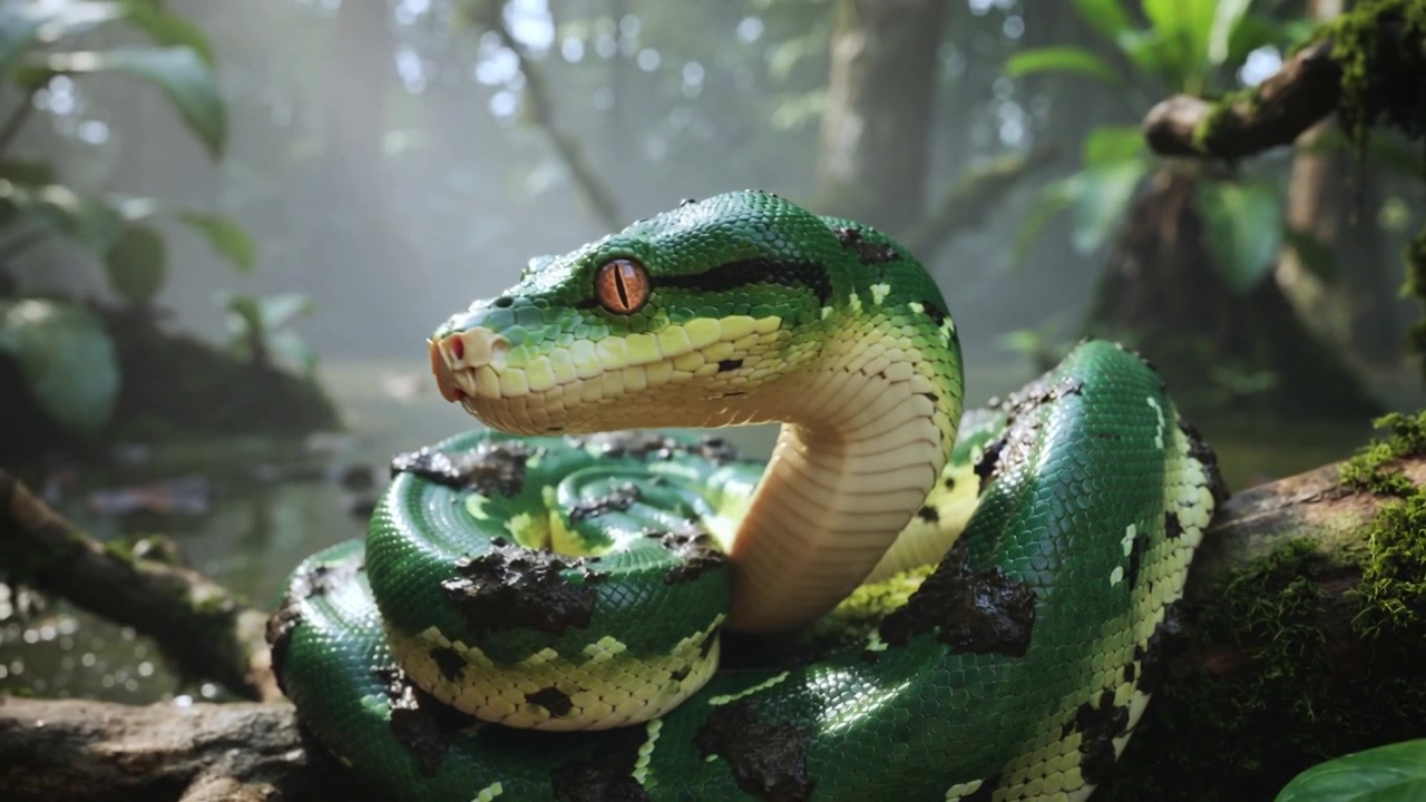 Lifting green tree snake reaching neck on moss log in forest pool, sensing ripples, scanning area
