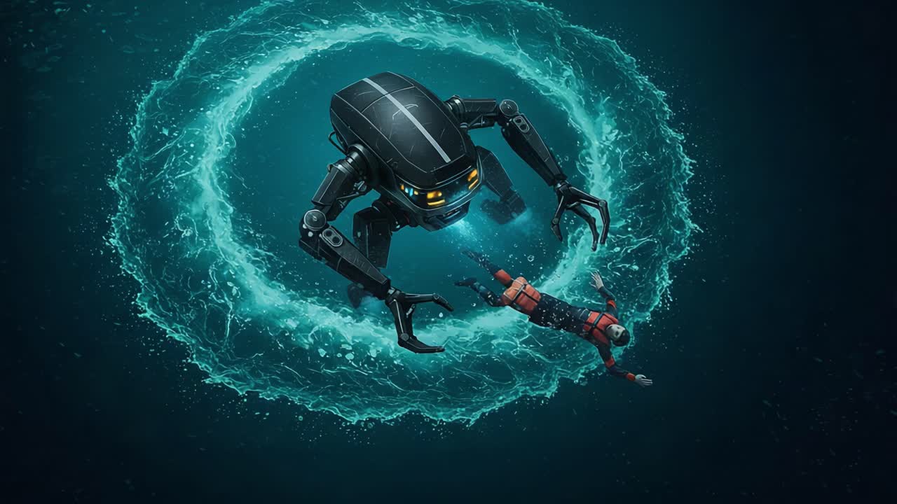 An Underwater Encounter: A Diver Faces an Intriguing Robotic Creature in a Luminous Circular Current of Water, Exploring the Depths of Technology and Nature