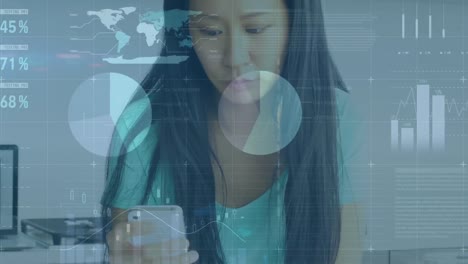 animación del procesamiento de datos financieros sobre una mujer asiática que usa un teléfono inteligente