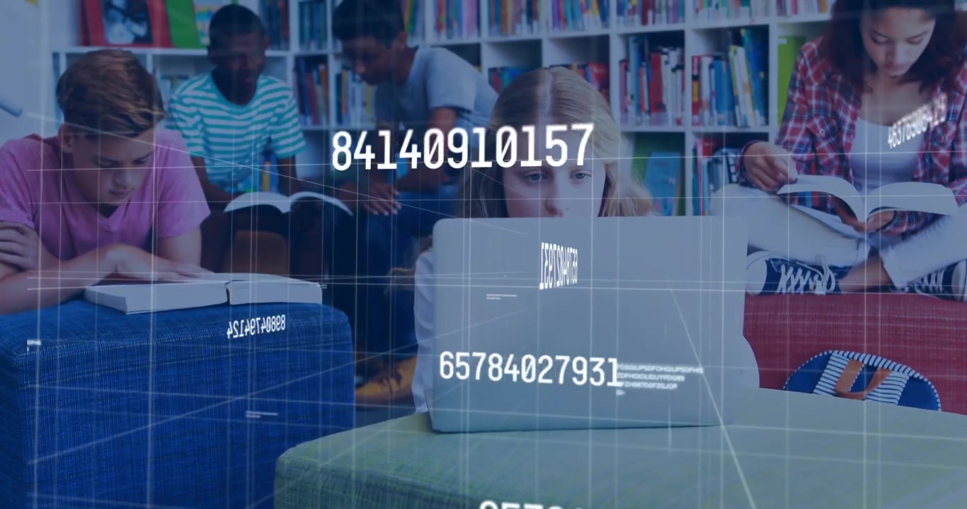 Classmates studying in library study nook, using laptop while showing floating data grid overlay