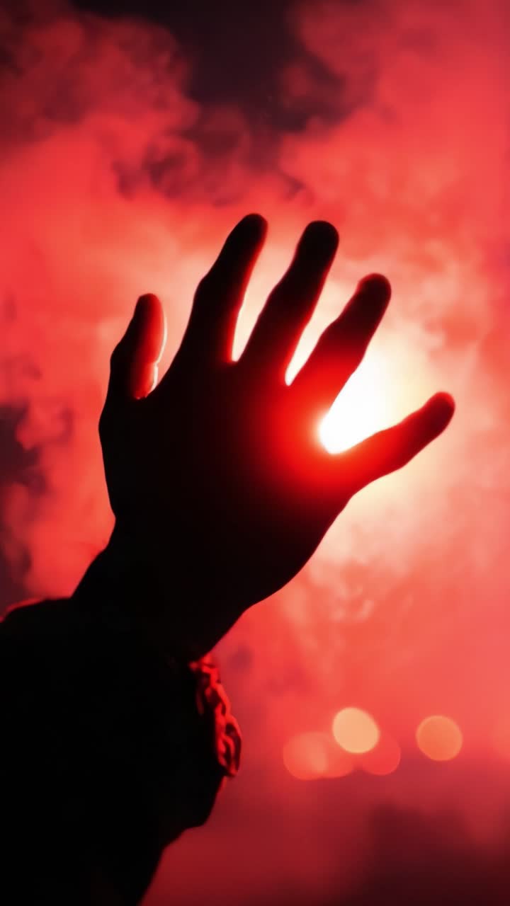Una Silhouette Drammatica di una Mano che si Protende Verso un Bagliore Etereo in Mezzo a una Nuvola di Fumo Rosso Vibrante, Evocando Emozione e Mistero in un Ambiente Oscurato
