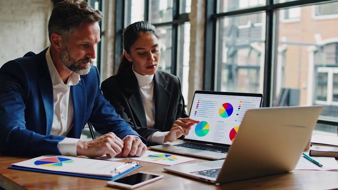 Business Professionals Analyzing Financial Data on Laptop in Office