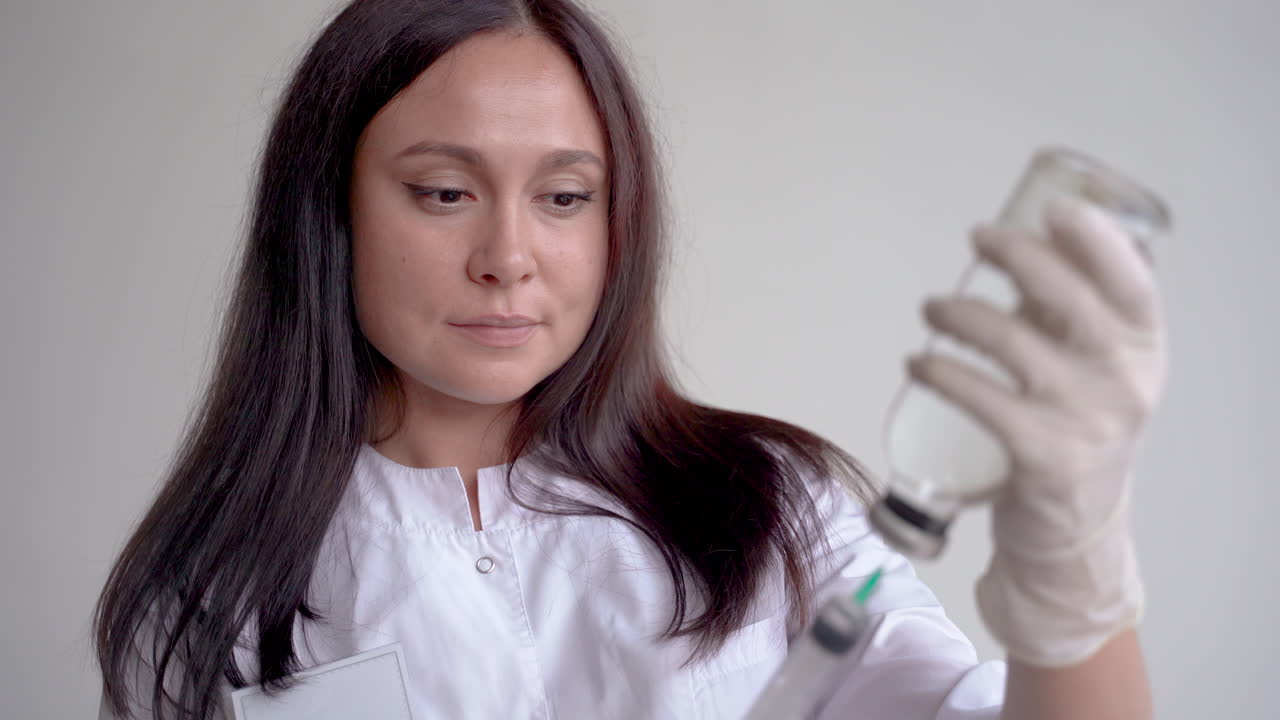 портрет женщины-врача, наполняющей шприц вакциной