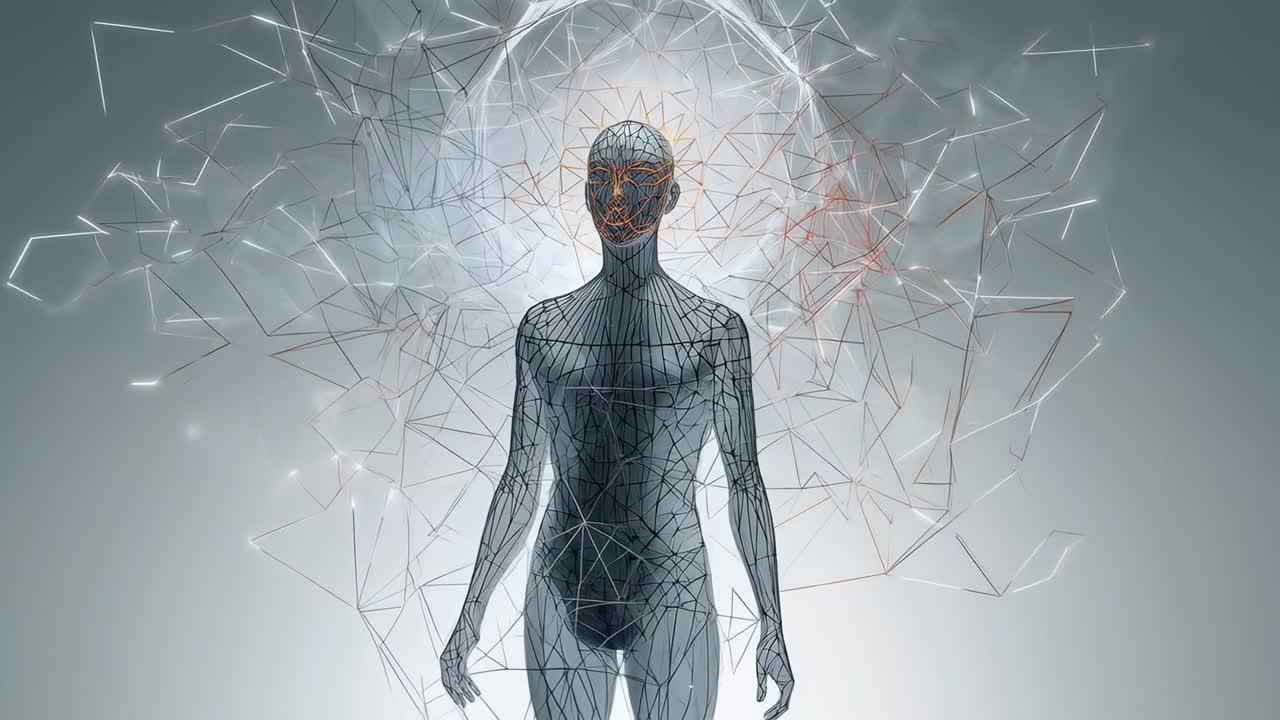 Humanoide rotativo em wireframe virando à direita em um plano de fundo cinza-claro, halo ativando e nós se iluminando