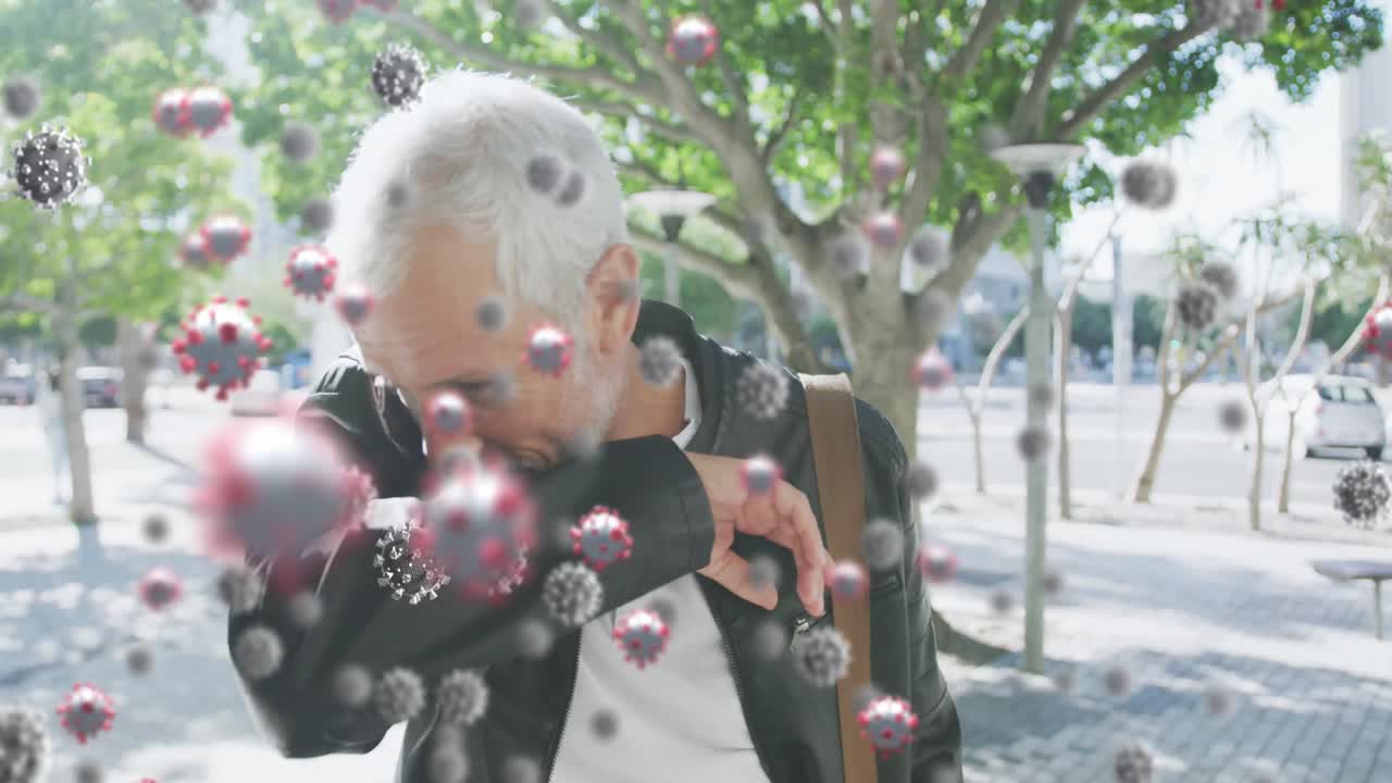 코로나19 세포의 애니메이션 시니어 남자가 마스크를 쓰고 있습니다.