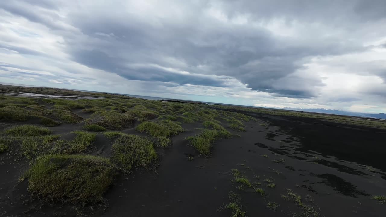 A dynamic FPV drone shot flying low above the lush, green grass covering the surreal black sand dunes of Stokksnes, Iceland, under a dramatic sky