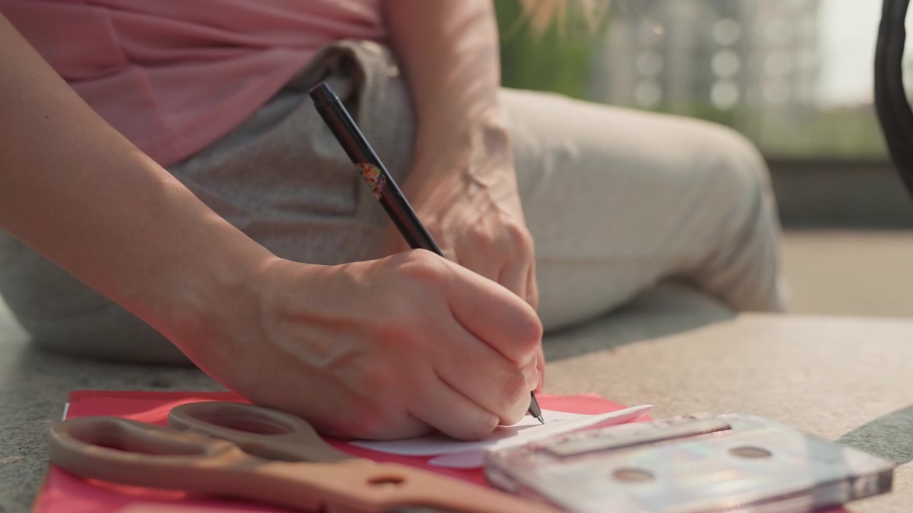 Young woman writes with pen on paper outdoors surrounded by crafting materials like scissors and cassette tapes. scene is softly lit in natural daylight focusing on hand and writing process
