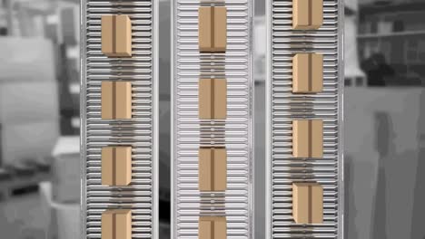 animación de cajas de cartón que se mueven en cintas transportadoras sobre el almacén