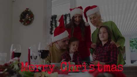 Animation-of-merry-christmas-text-over-caucasian-family-wearing-santa-hats