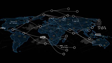 animation of network of connections over data processing with world map on black background