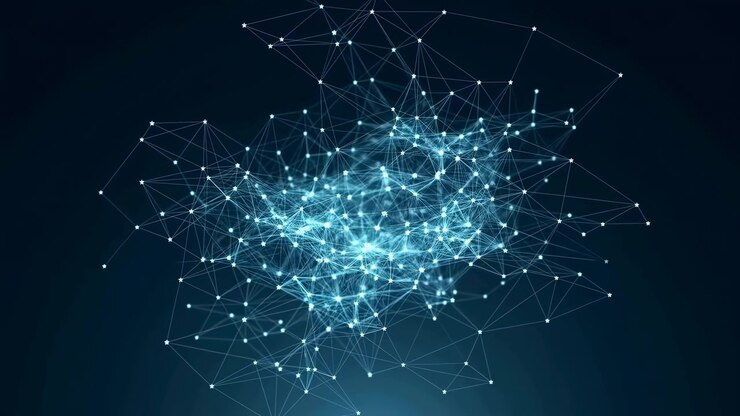 Luminous cyan nodes and thin angular links pulse through layered filament mesh against deep navy gradient background, creating abstract technology depth, sparse lattice detail, and striking contrast