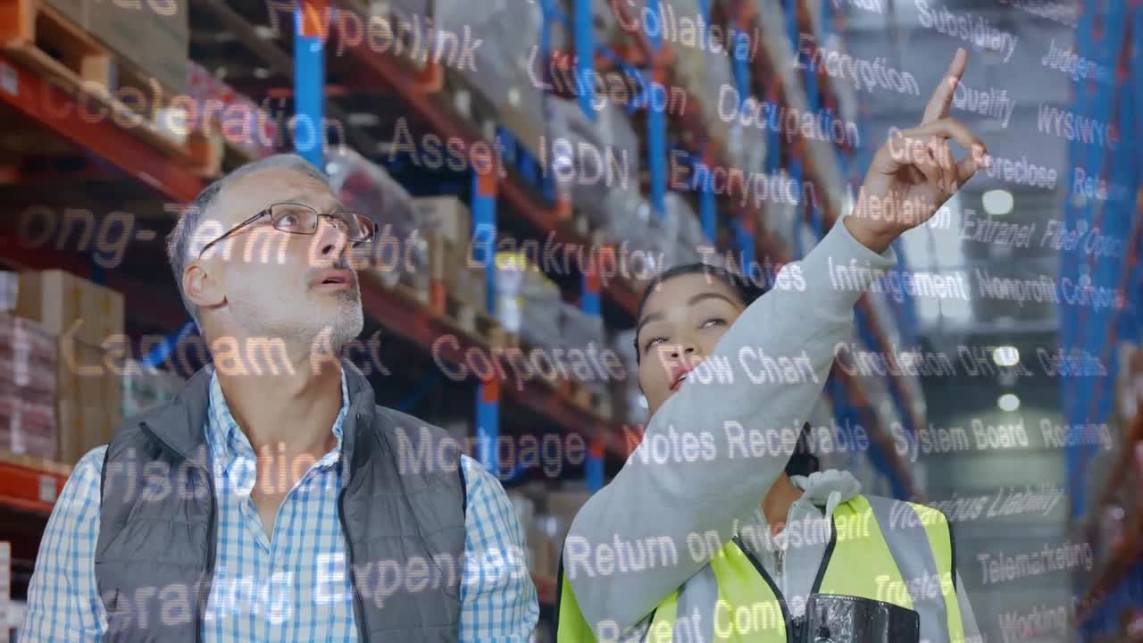 animación de palabras clave sobre trabajadores de almacén masculinos y femeninos