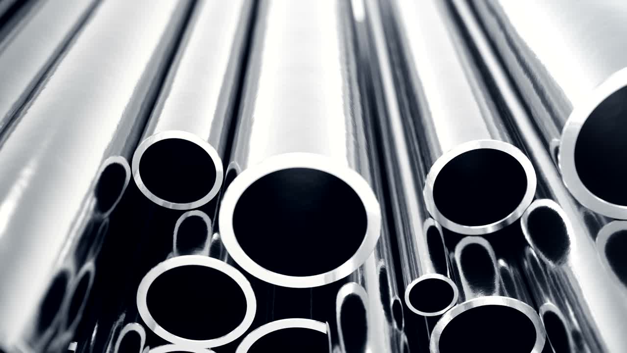 tubos metálicos apilados. montón de tubos de acero metálicos brillantes con efecto de enfoque selectivo.