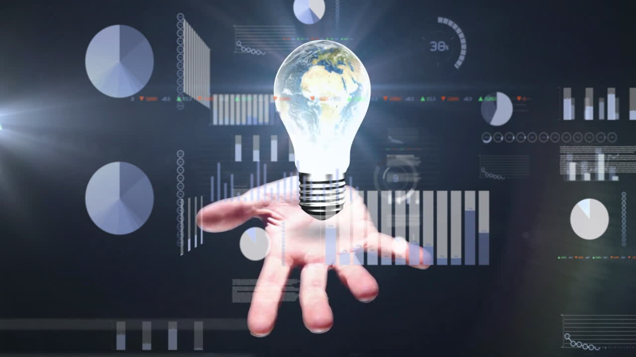 Hand holding glowing light bulb over digital data and graphs animation