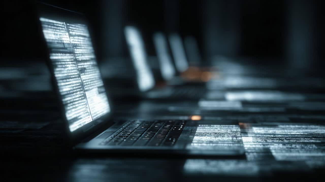 A mesmerizing display of illuminated laptops in a dimly lit workspace, showcasing data streaming across screens, creating an atmosphere of technological intrigue and innovation