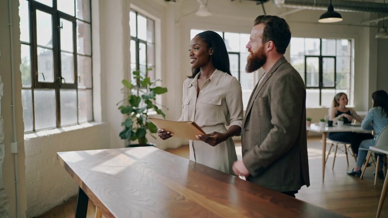 Placing folder, woman in dress, man in blazer reaching, opening folder at shared office for review