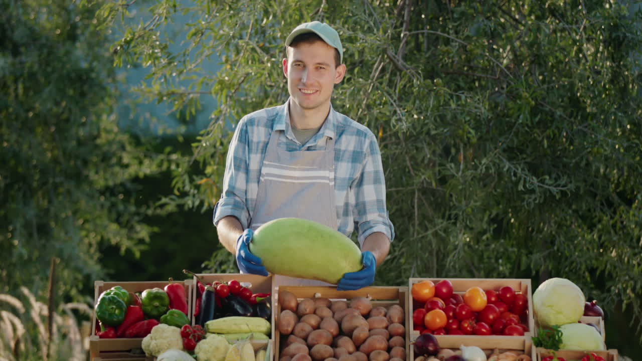 retrato de un vendedor con una sandía en las manos. de pie detrás de un mostrador en un mercado de agricultores