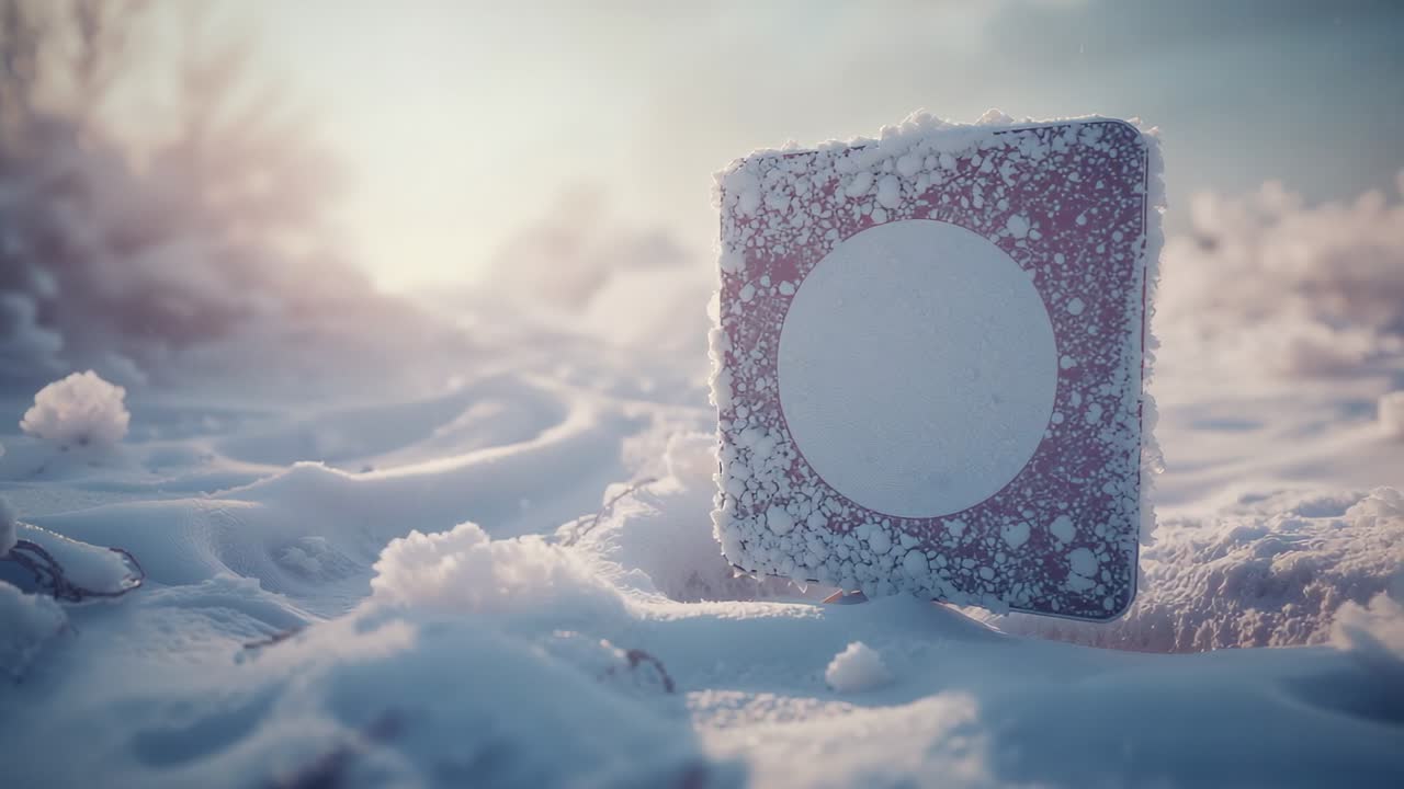 Frosted block with circular emblem catching sunlight in snowfield, crystals glinting, copy space
