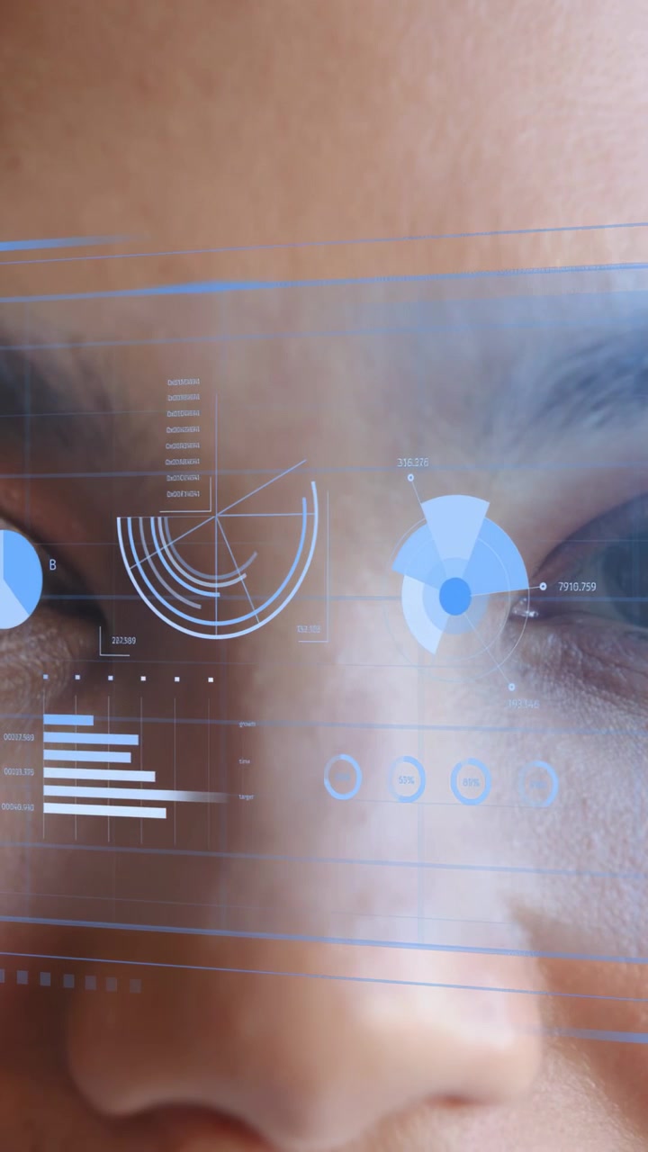 Vertical video: Camera close starting HUD tech while woman glancing, radar tracking eyes for scan