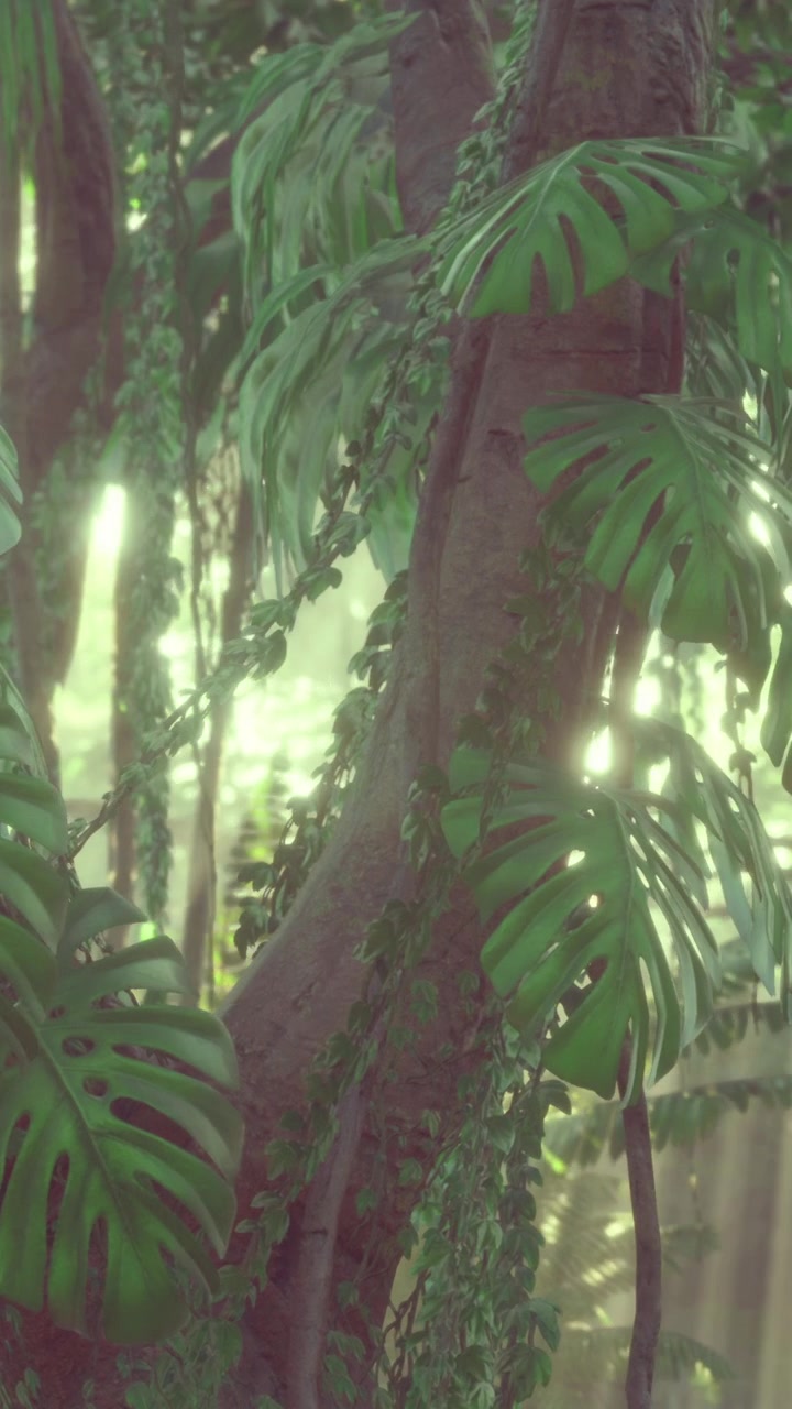 Vista dettagliata di piante tropicali in una fitta foresta durante il giorno