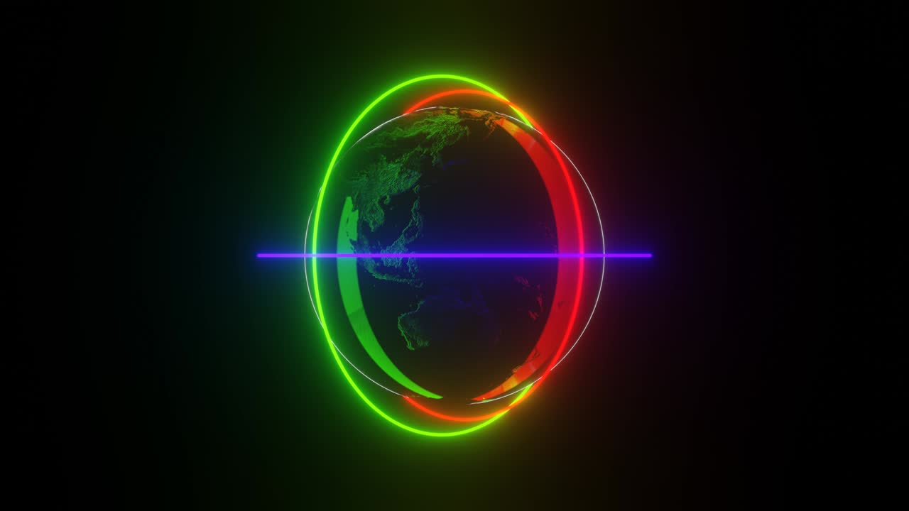 espacio oscuro con modelo 3d del planeta tierra con anillos brillantes de neón. escena conceptual de ciencia gráfica de movimiento de bucle sin costuras