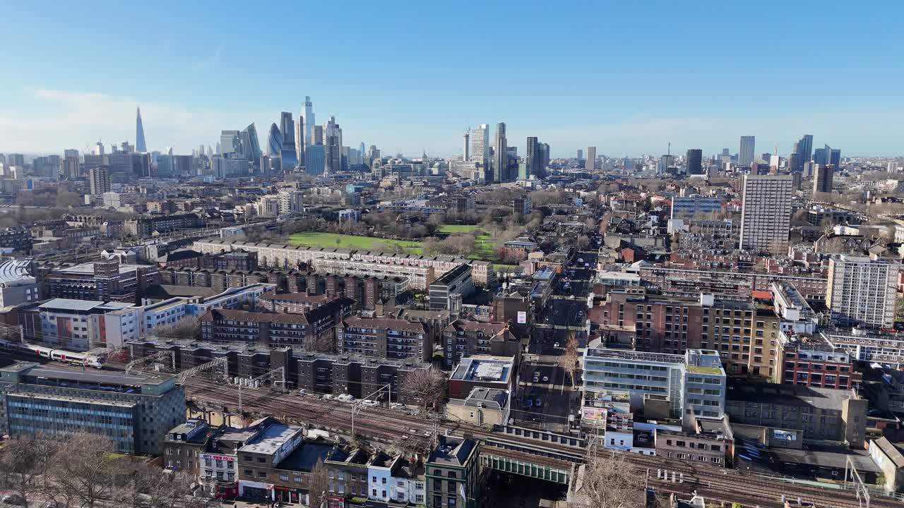 City skyline and Council housing Bethnal Green East London UK drone,aerial