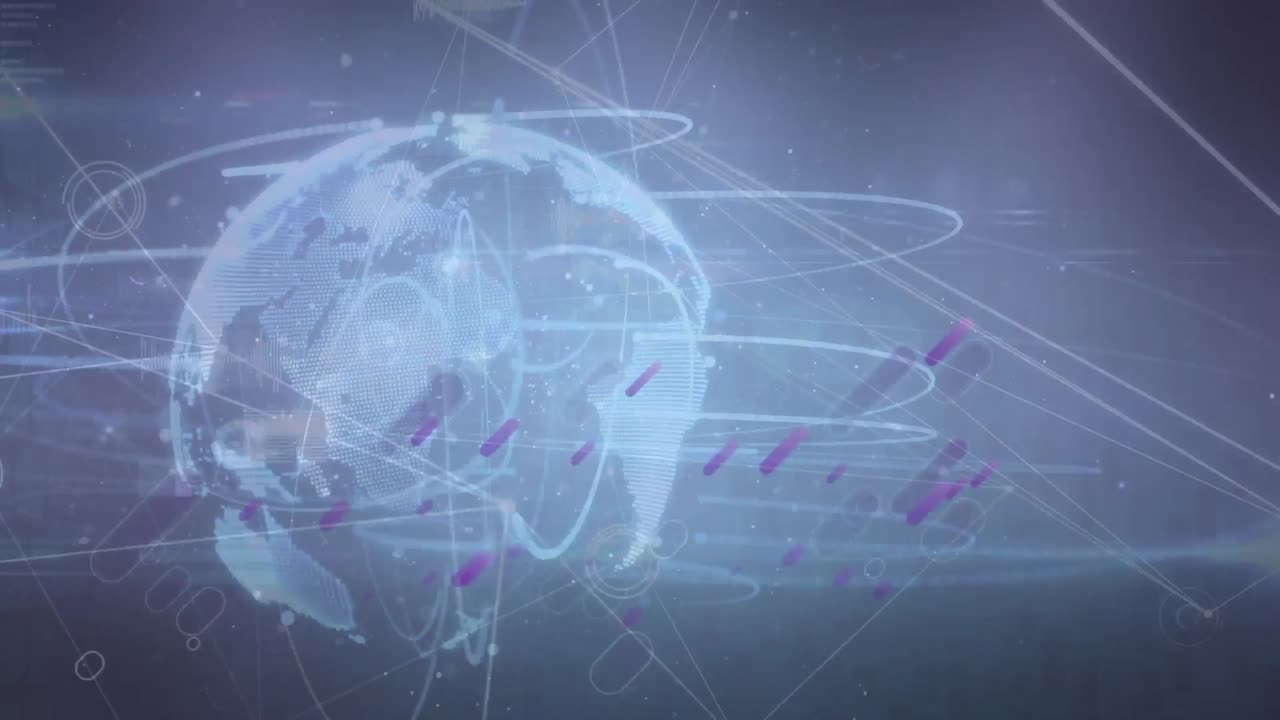 animación de formas púrpuras sobre datos digitales, globo y red de conexiones sobre fondo oscuro