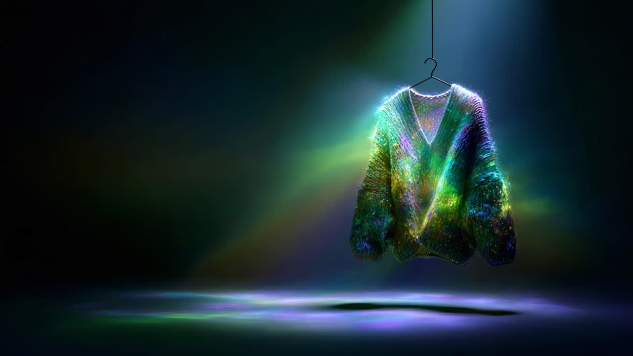 A Mesmerizing Display of Colorful Light and Patterns on a Sweater Hanging from a Hook, Capturing the Essence of Fashion and Art in a Unique Representation