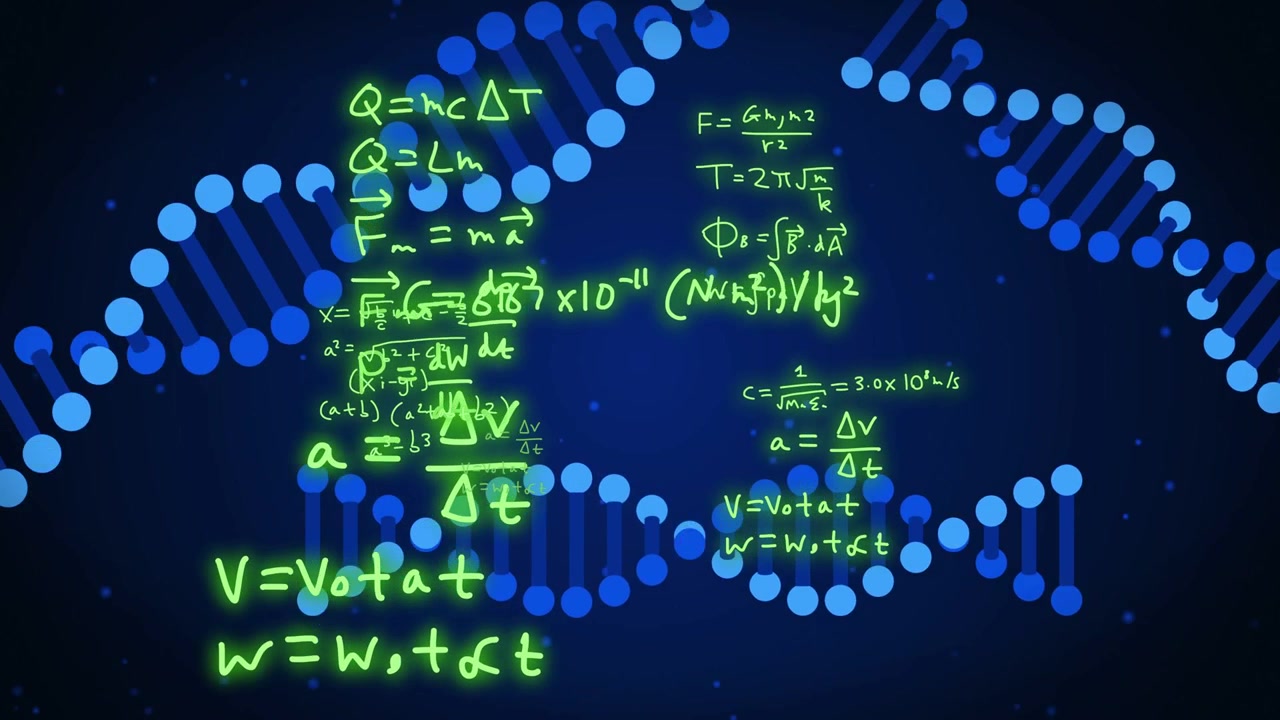 On play neon-green formulas expanding and blue helix strands extending, forming science backdrop