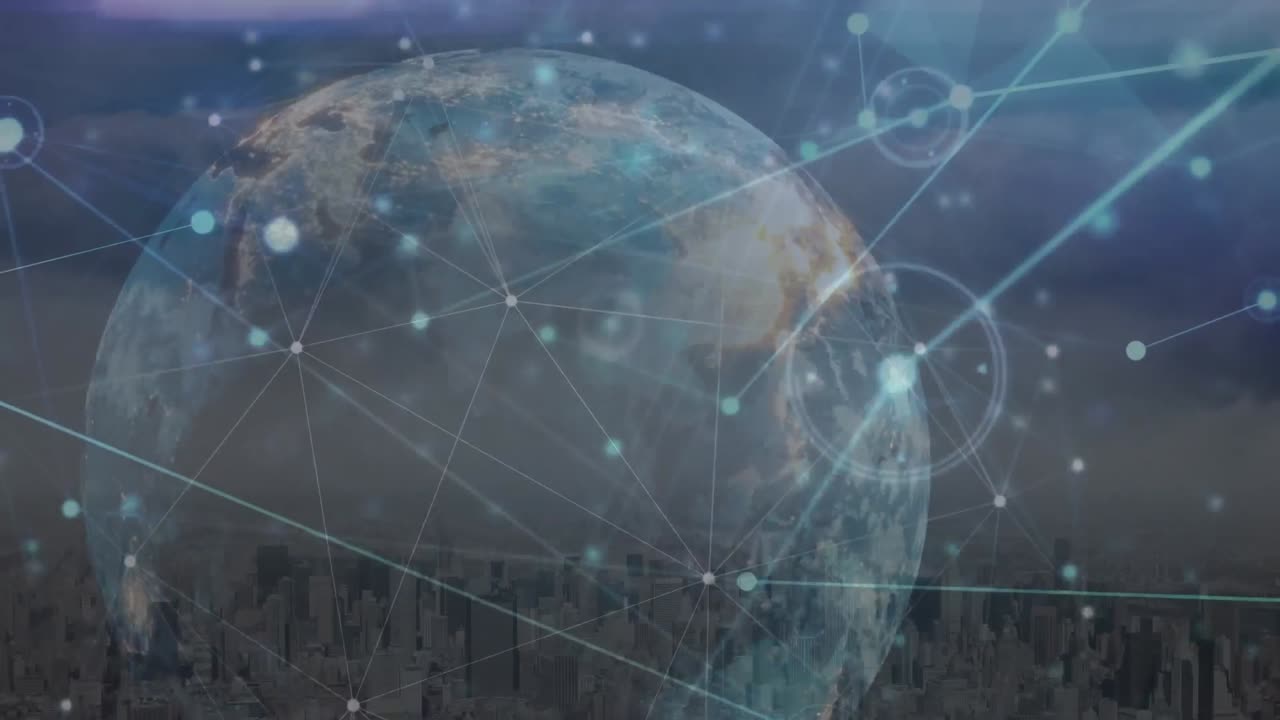 animación de la red de conexiones y globo sobre el paisaje urbano