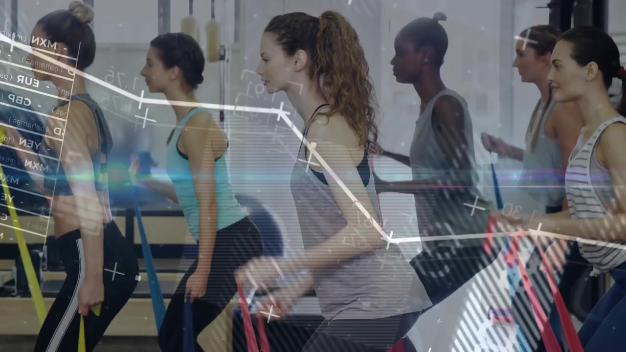 Six women looping bands, squatting on mats after coach cue for fitness, animated charts overlaying