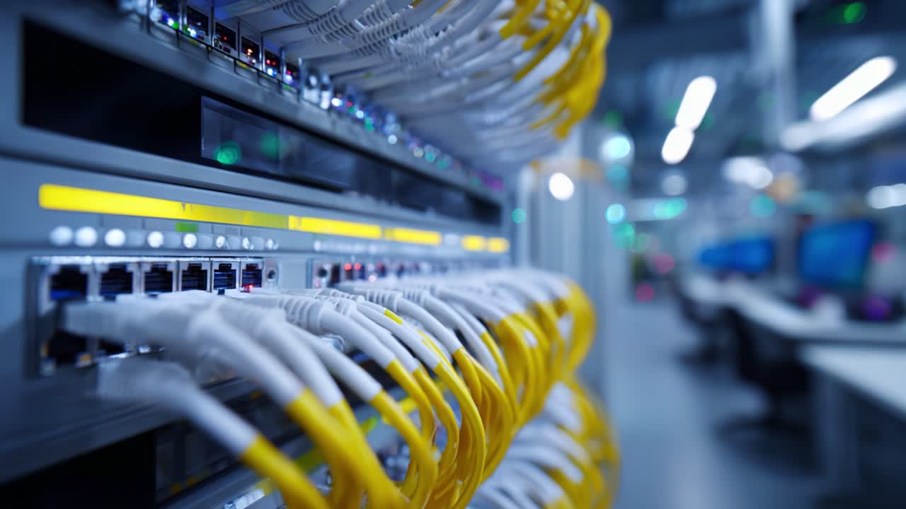 High-Tech Data Center: Close-Up of Network Switch and Yellow Ethernet Cables in Modern Server Room with Workstations in Background