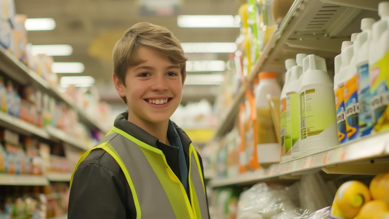 Boy volunteering in a store