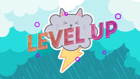 Animation-of-level-up-text-over-cloudy-storm-cloud-cat