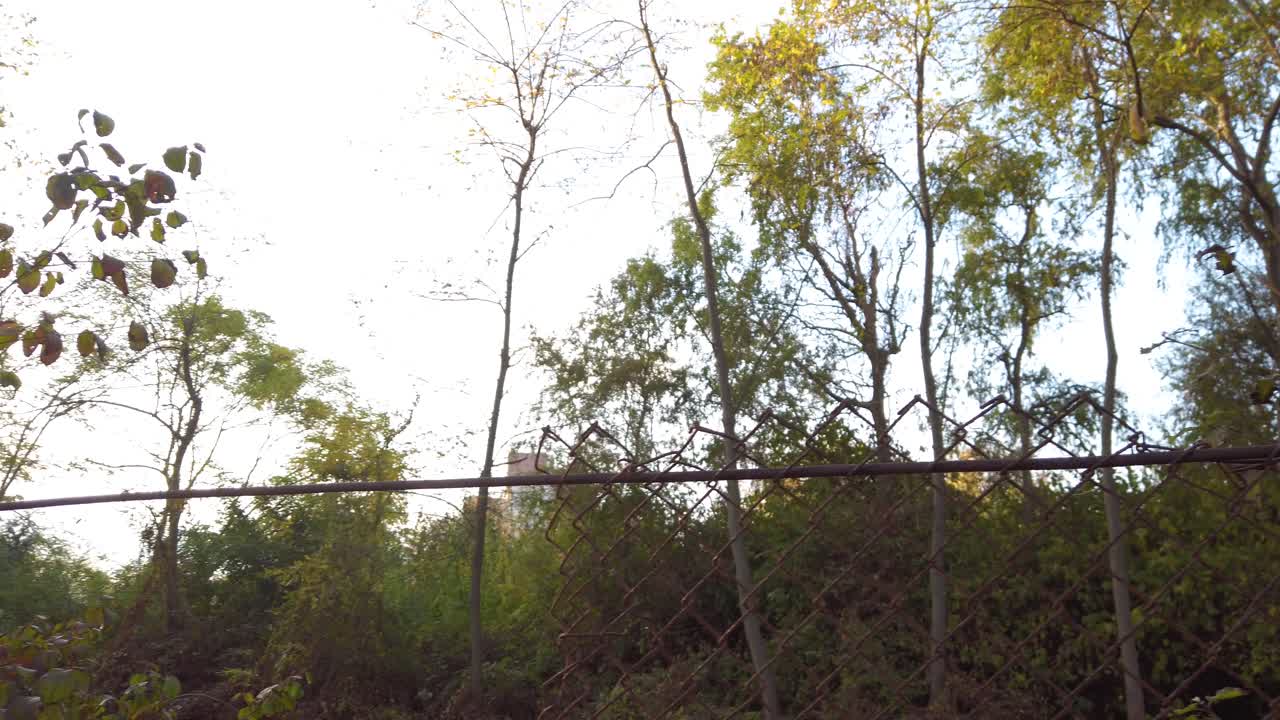 An old crumbling wire fence in a city park needs repair. Rust and missing parts. The closed area is not protected. Pan left around trees and shrubs.