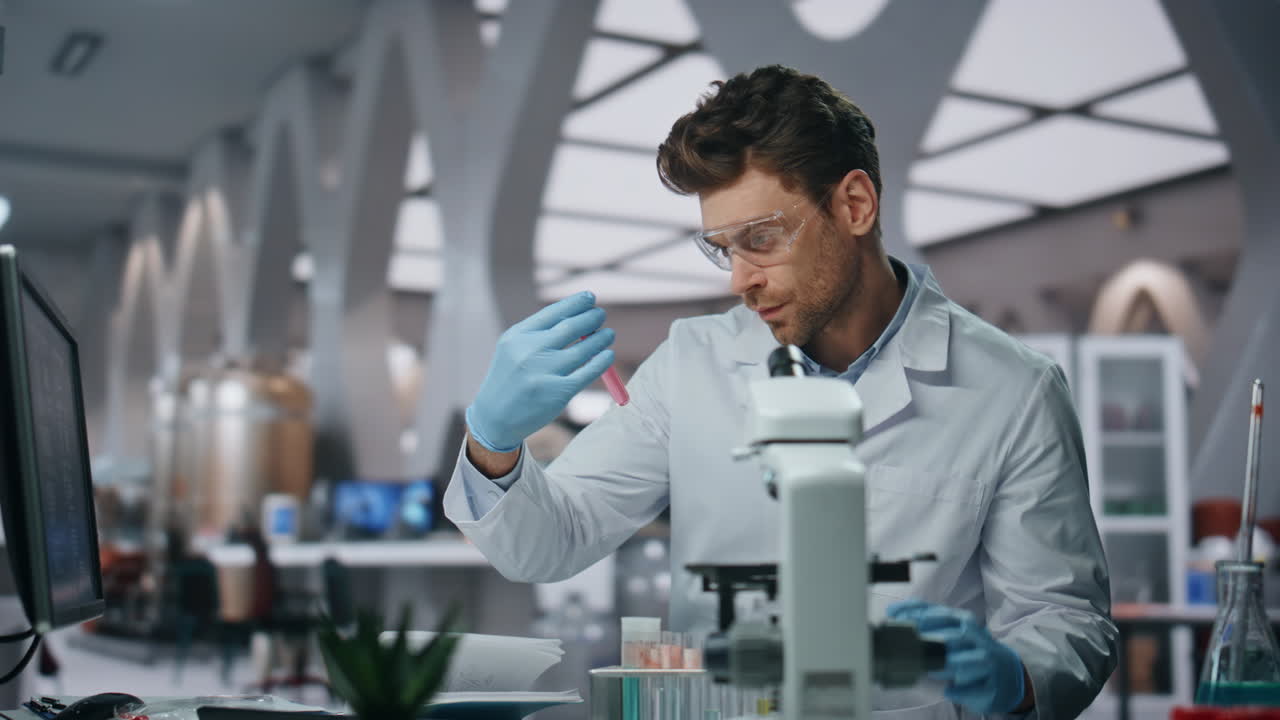 Laboratory scientist researching disease in clinic close up. Man holding samples