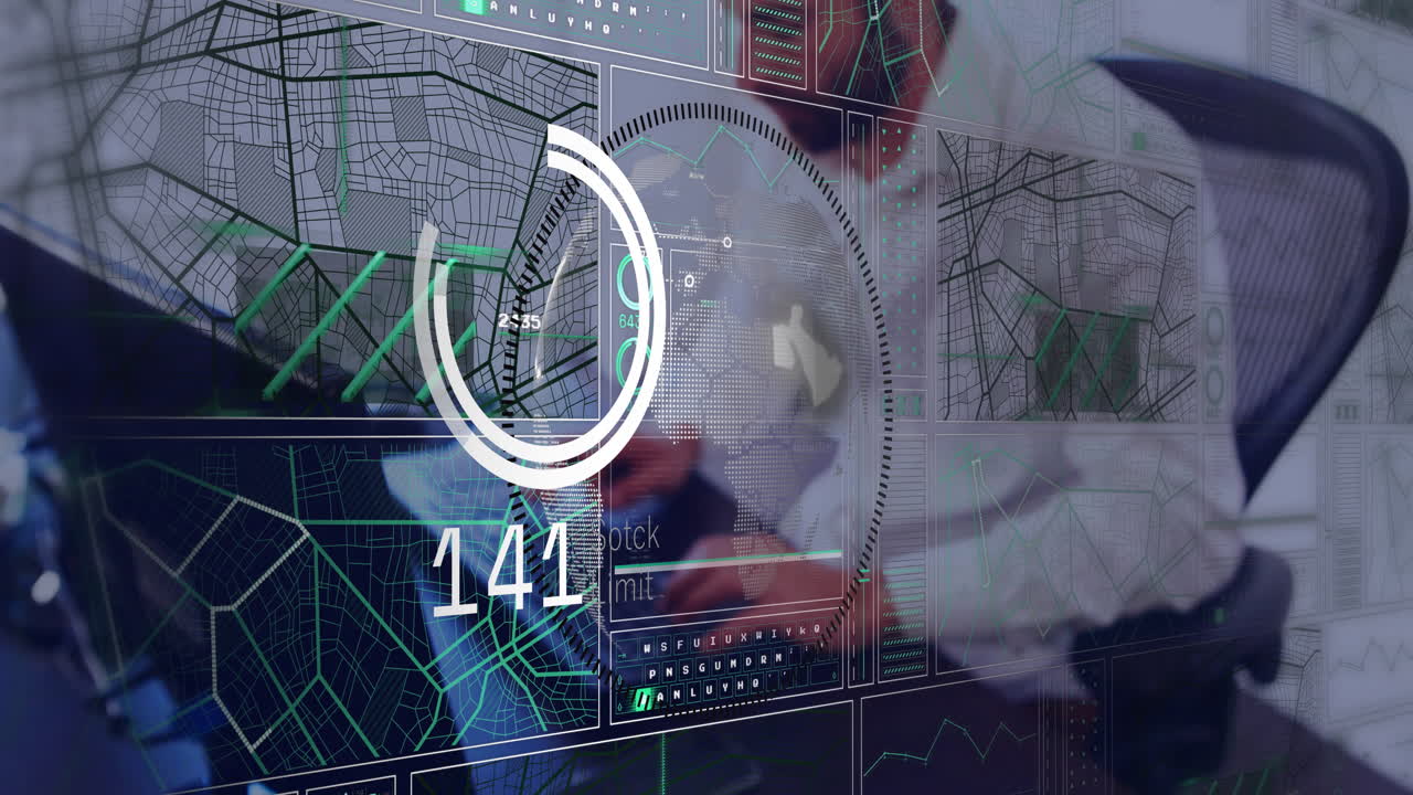 Man wearing suit interacting with digital interface in tech office, displaying holographic map data